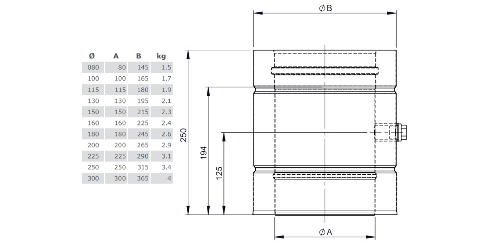 Kupferschornstein - Messelement 250 mm mit 1/2“ Muffe und Verschlussschraube - doppelwandig - Jeremias DW-FU