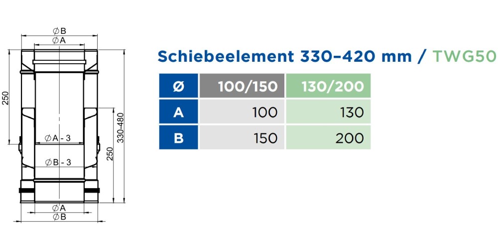 LAS-Schornstein - Schiebeleement für Verbindungsleitung 330–420 mm - konzentrisch - Jeremias TWIN-GAS