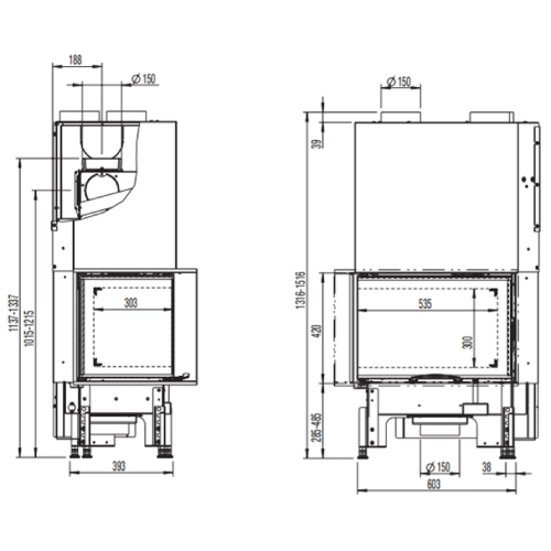 Kamineinsatz Austroflamm Eckkamin 63x40x42S 2.0 | 8 kW, Schiebetür