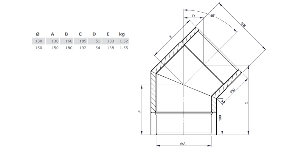 Ofenrohr - Winkel 45° ohne Tür - schwarz - doppelwandig - Jeremias Iso-Line
