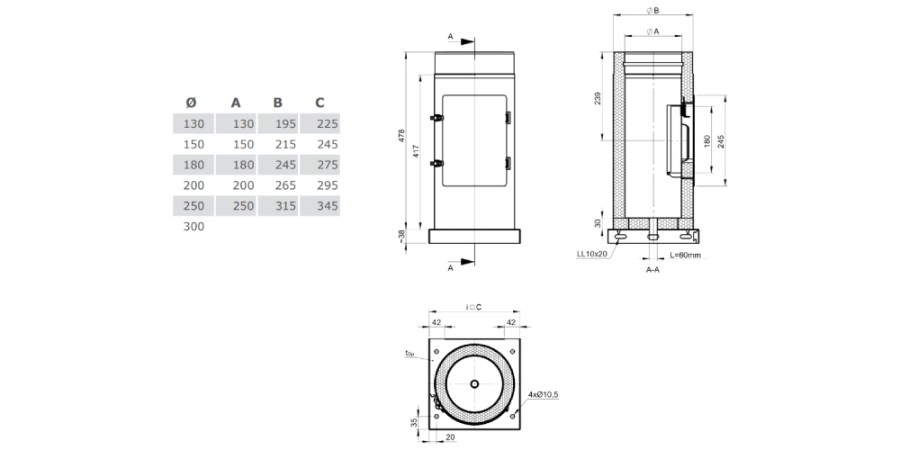 Edelstahlschornstein - Reinigungselement Design Plus mit Grundplatte und Kondensatablauf unten (Außenbereich) - doppelwandig - Jeremias DW-Vision