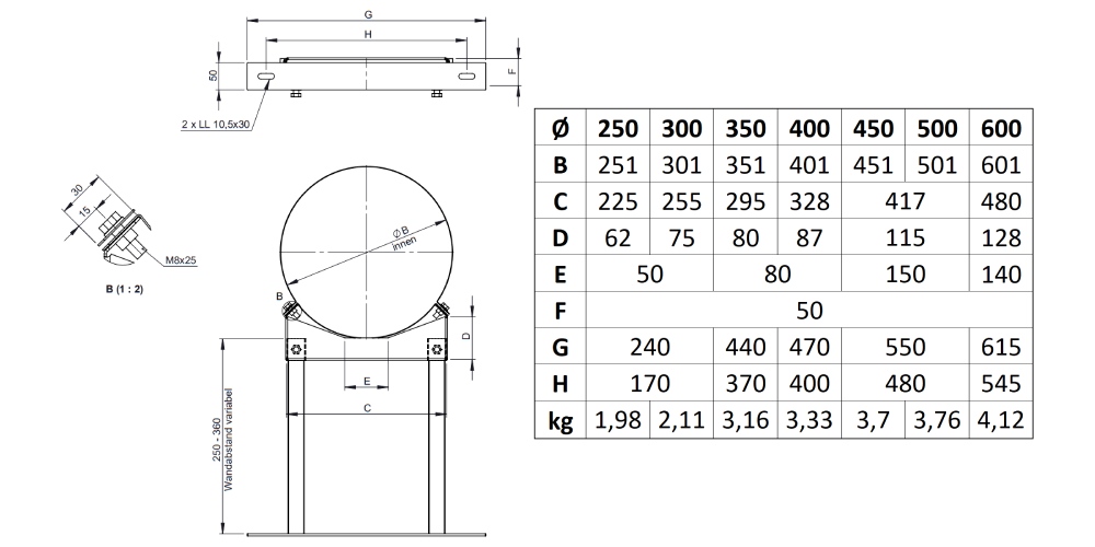 Edelstahlschornstein - Wandabstandshalter verstellbar 250 - 360 mm für Jeremias DW-FU