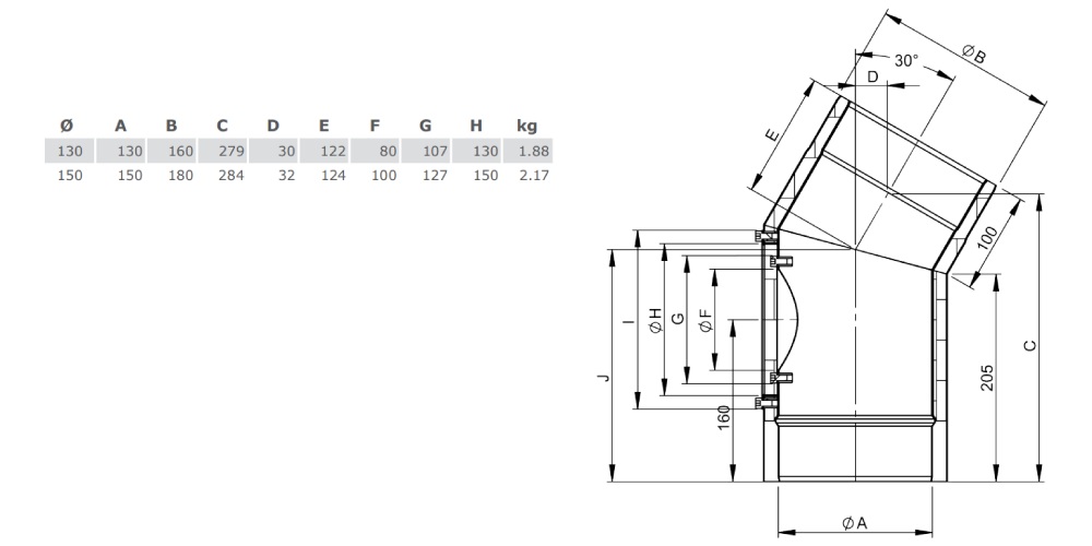 Ofenrohr - Winkel 30° mit Tür - gussgrau - doppelwandig - Jeremias Iso-Line