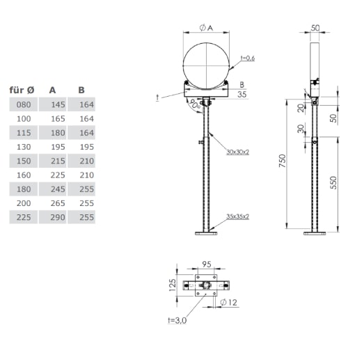 Kupferschornstein - Unterstützung mit Gelenk 800-1200 mm für Jeremias DW-FU