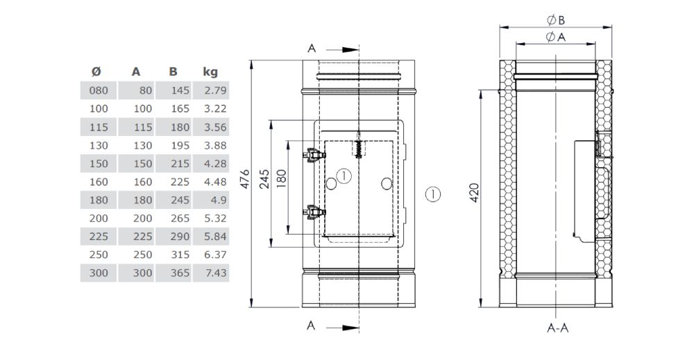 Kupferschornstein - Reinigungselement Design Plus für Festbrennstoffe (Außenbereich) - doppelwandig - Jeremias DW-FU