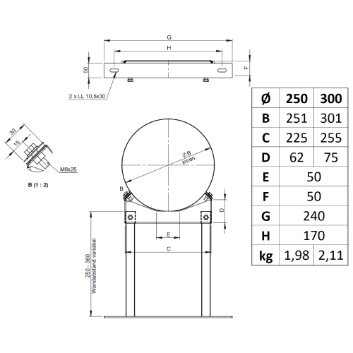 Kupferschornstein - Wandabstandshalter verstellbar 250 - 360 mm für Jeremias DW-FU