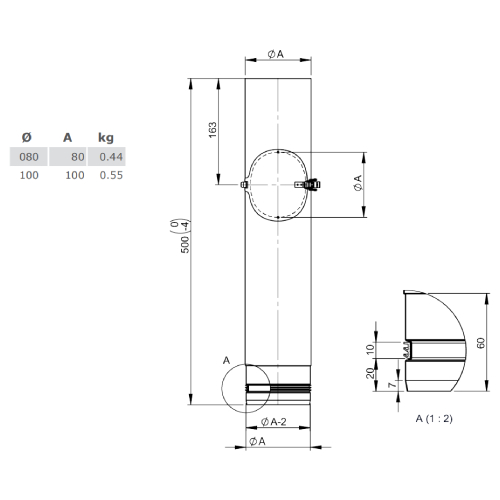 Pelletofenrohr - Längenelement 500 mm mit Revision - unlackiert - Jeremias Pellet-Line