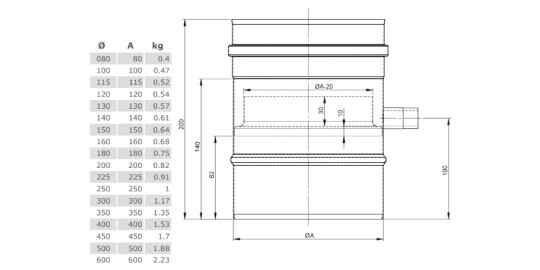 Edelstahlschornstein - Längenelement 200 mm mit Kondensatfalle für vertikalen Einbau und 1/2“ Nippel - einwandig - Jeremias EW-FU