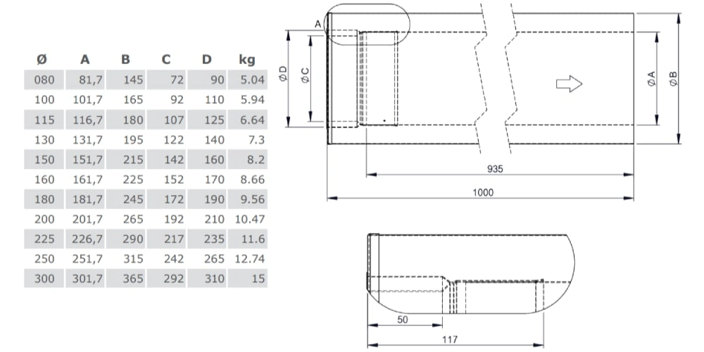 Kupferschornstein - Längenelement 1000 mm mit integriertem Wandfutter kürzbar für Ferro - Jeremias DW-FU