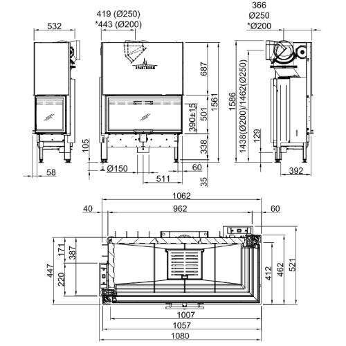 Kamineinsatz SPARTHERM Varia 2R-100h 12,3 kW Eckkamin Schiebetür