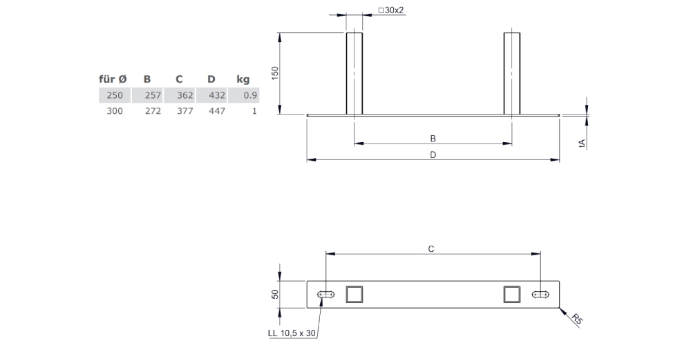 Kupferschornstein - Wandteil von DW22, für Wandhalter 50-150 mm für Jeremias DW-FU