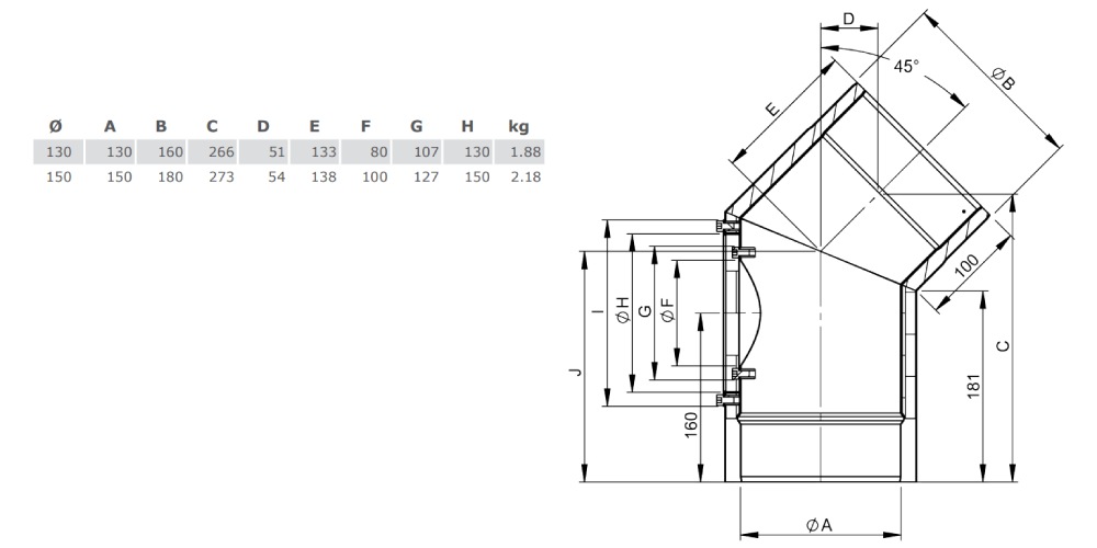 Ofenrohr - Winkel 45° mit Tür - schwarz - doppelwandig - Jeremias Iso-Line