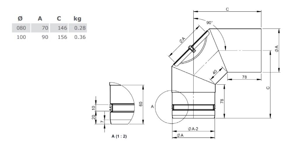 Pelletofenrohr - Winkel 90° starr mit Revision - unlackiert - Jeremias Pellet-Line