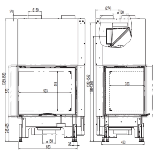 Kamineinsatz Austroflamm Eckkamin 69x49x57S 2.0 | 12 kW Schiebetür