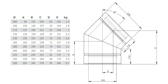 Edelstahlschornstein - Winkel 45° starr - doppelwandig - Jeremias DW-SILVER