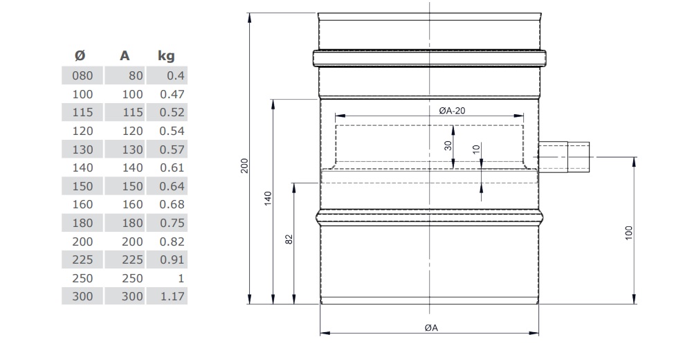 Edelstahlschornstein - Längenelement 200 mm mit Kondensatfalle für vertikalen Einbau und 1/2“ Nippel - einwandig - Jeremias EW-SILVER