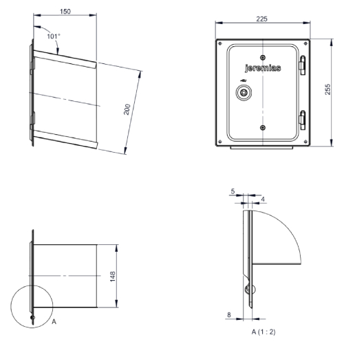 Edelstahlkamintüre 210 x 140 mm mit Schiebestutzen 150 mm schräg, passend für FU07K - einwandig - Jeremias EW-FU