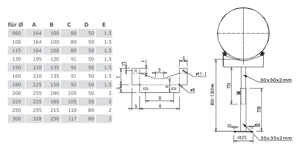 Kupferschornstein - Unterstützung 800-1200 mm für Jeremias DW-FU