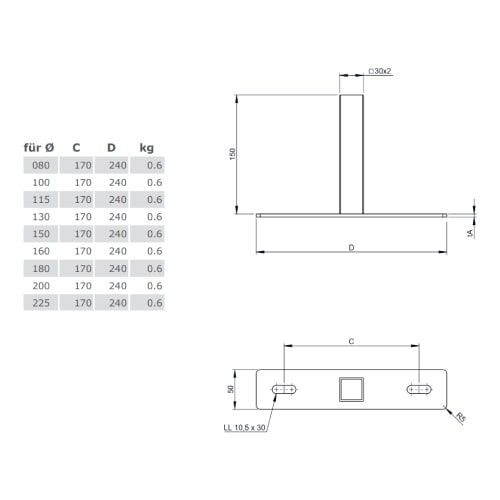 Kupferschornstein - Wandteil von DW22, für Wandhalter 50-150 mm für Jeremias DW-FU