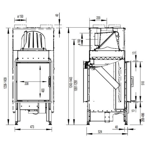 Kamineinsatz Austroflamm 45x51K II 6kW, Drehtür, Durchsicht