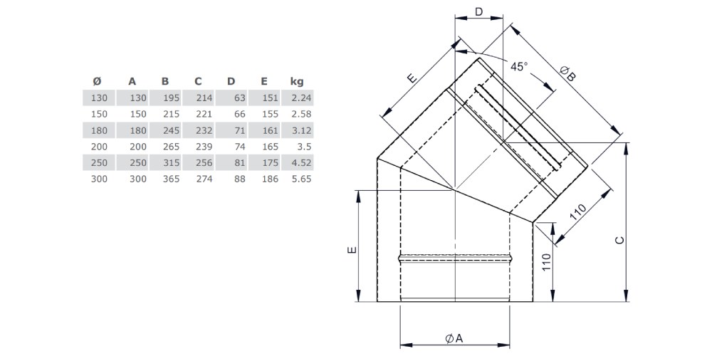 Edelstahlschornstein - Winkel 45° starr - doppelwandig - Jeremias DW-Vision