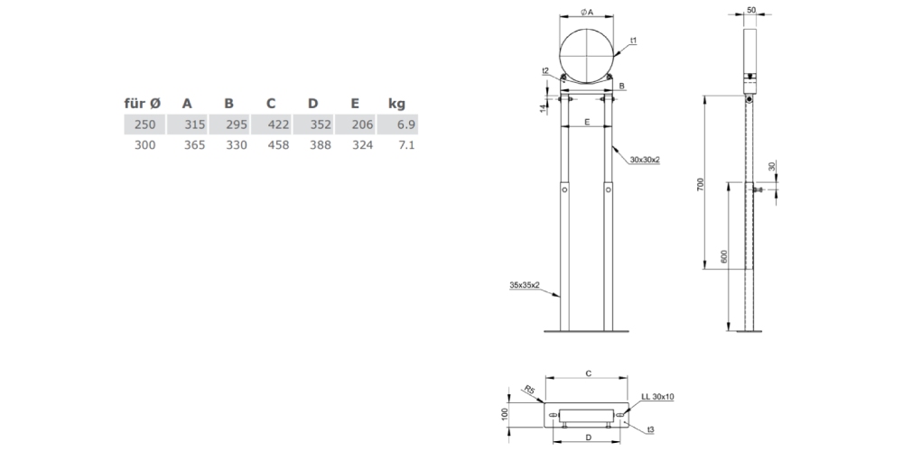 Kupferschornstein - Unterstützung mit Gelenk 800-1200 mm für Jeremias DW-FU