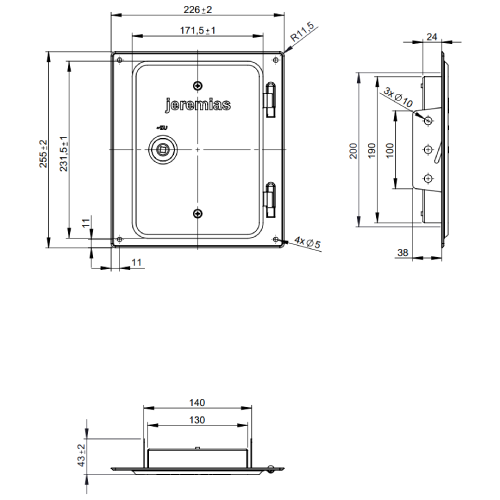 Edelstahlkamintüre 210 x 140 mm mit 4 Bohrungen und 2 seitlichen Laschen, inkl. Kamintürenschlüssel - Jeremias EW-FU