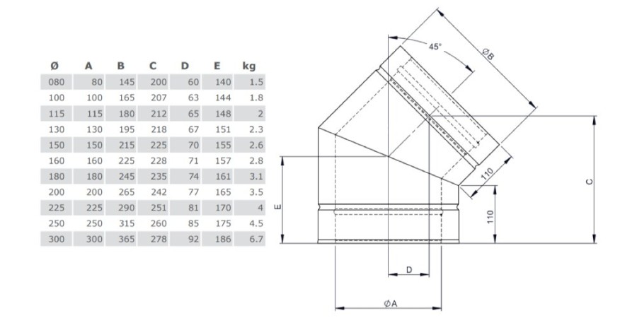 Edelstahlschornstein - Winkel 45° starr - doppelwandig - Jeremias DW-SILVER
