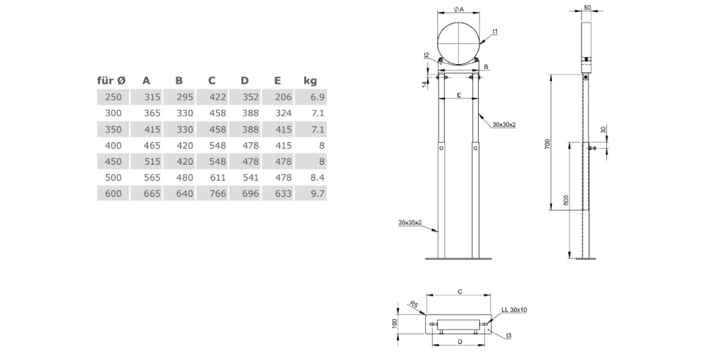 Edelstahlschornstein - Unterstützung mit Gelenk 800 - 1200 mm für Jeremias DW-FU